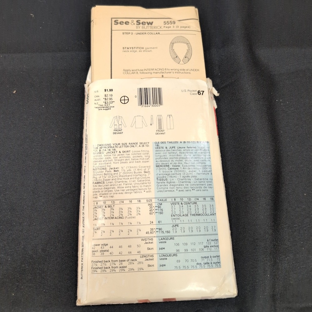 See & Sew 5559 Butterick Sewing Pattern Misses Jacket Belt Skirt Size 14-18 1987 - Picture 2 of 2